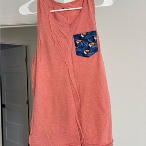Coral Tank Top with Blue Tropical Pocket